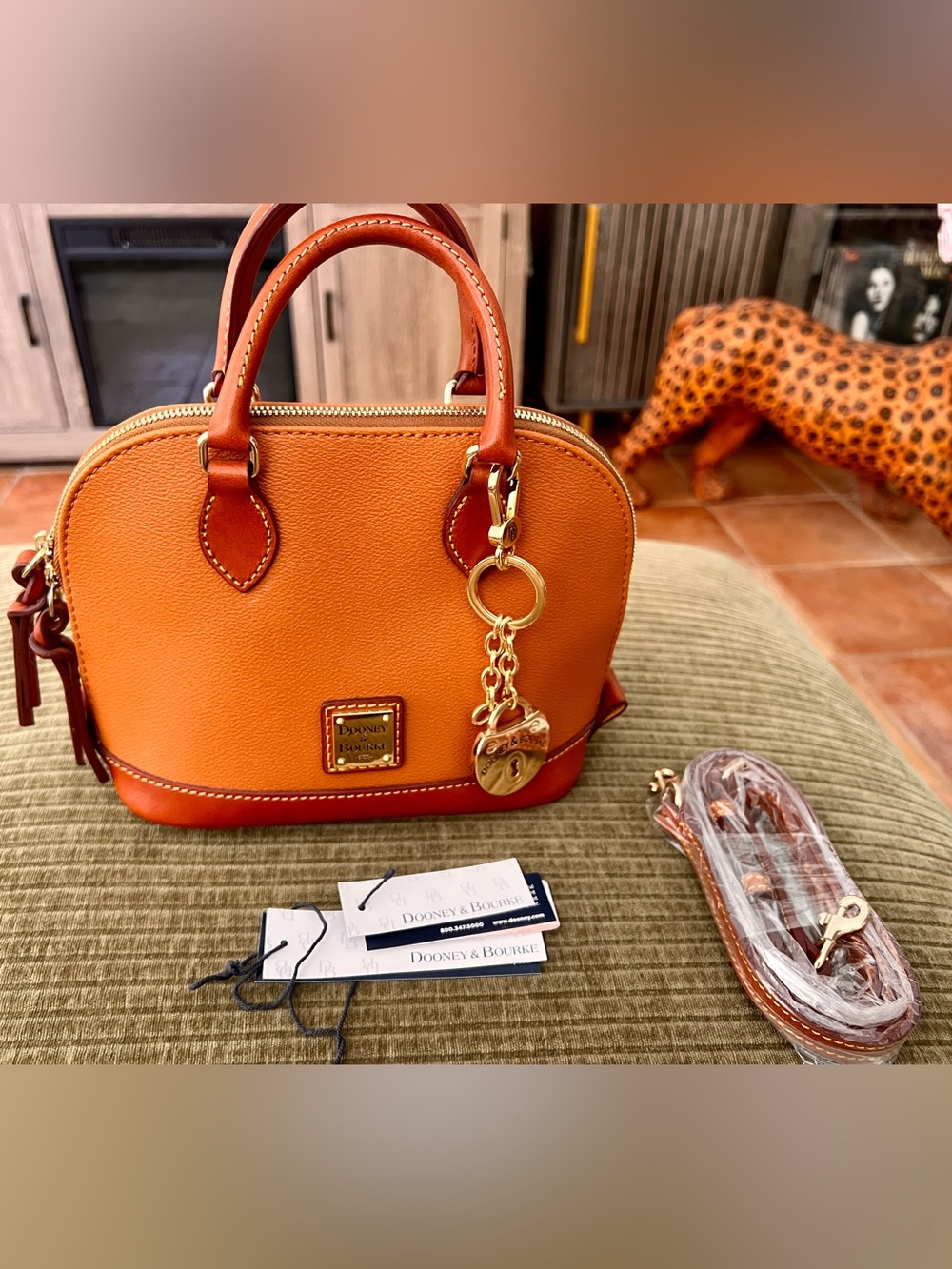Dooney & Bourke Caramel/Tan Pebbled Leather Dome Satchel & Gold Dooney Key Chain